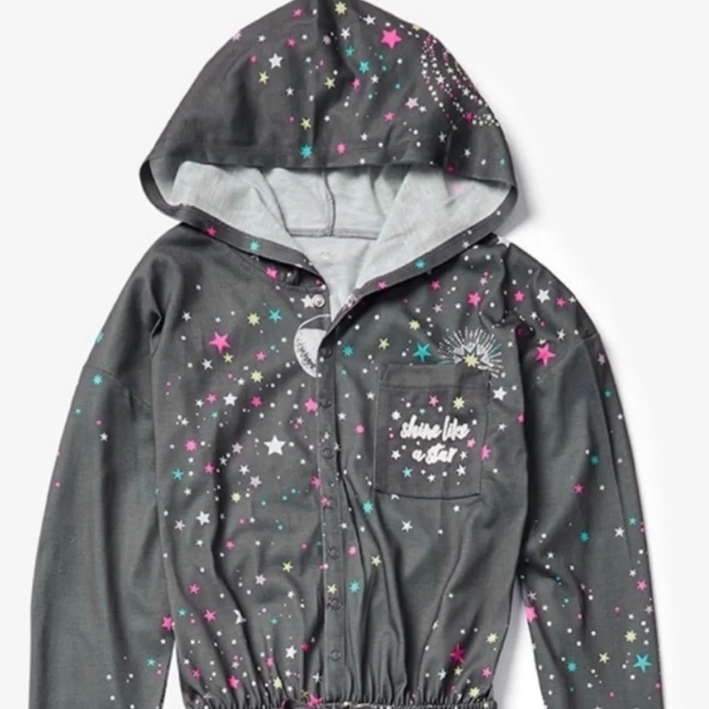 Justice girls one piece starry night pajamas girl Sz 16/18P hood